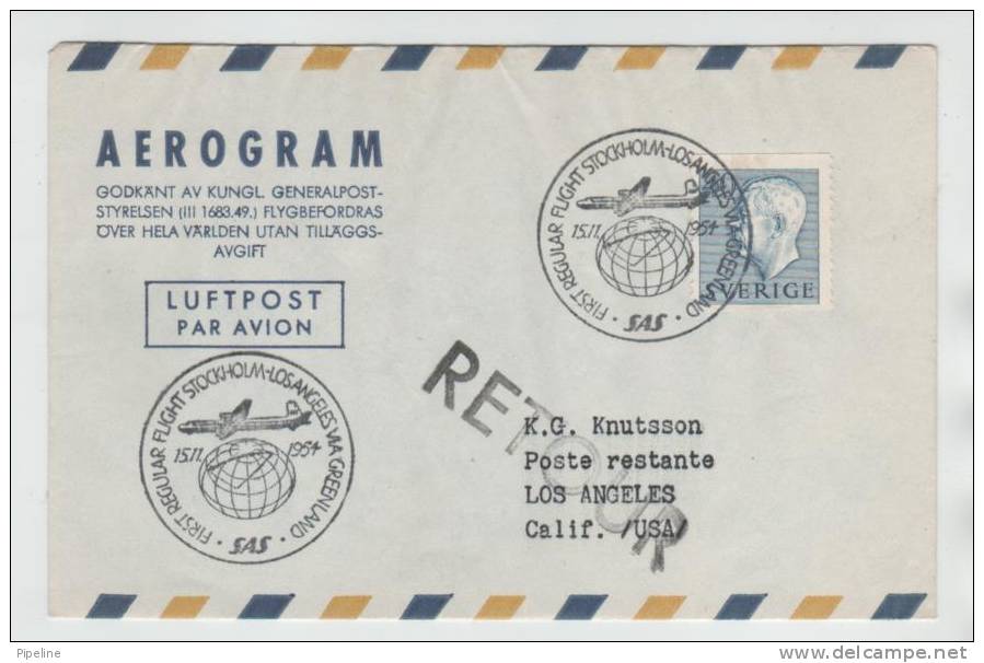 Sweden Aerogramme First SAS Flight Stockholm - Los Angeles Via Greenland 15-11-1954 - Brieven En Documenten