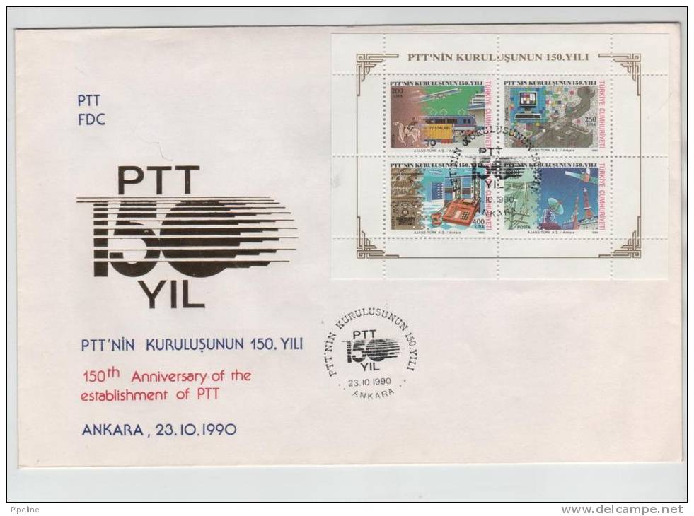 Turkey FDC 23-10-1990 150th Anniversary Of The Establishment Of PTT Mini Sheet And Cachet - FDC