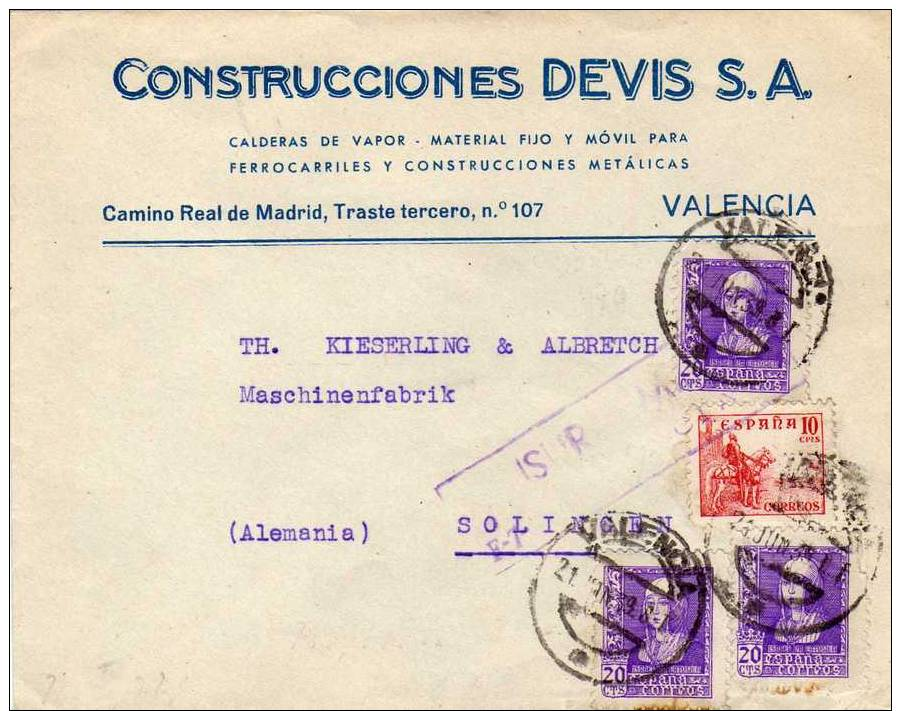 CARTA CENSURA  Valencia A Solingen 1939 - Lettres & Documents