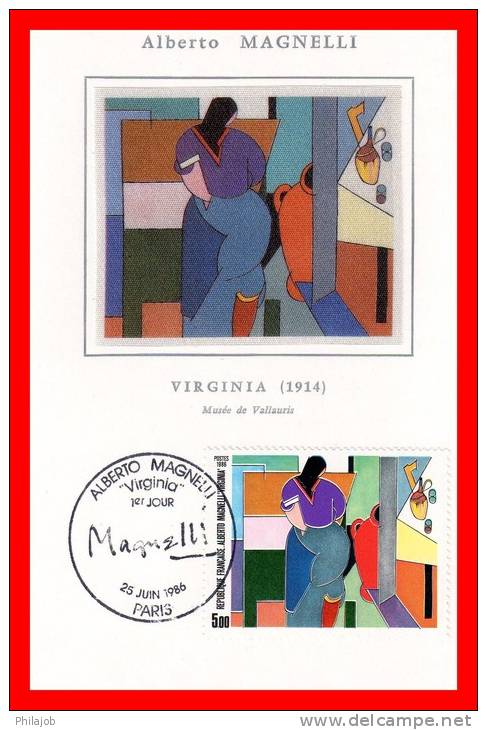 " VARIETE : VIRGINIA DOUBLE GALON D'ALBERTO MAGNELLI "  Sur  Carte Maximum Sur Soie De 1986 N° YT 2414: Parfait état - Storia Postale