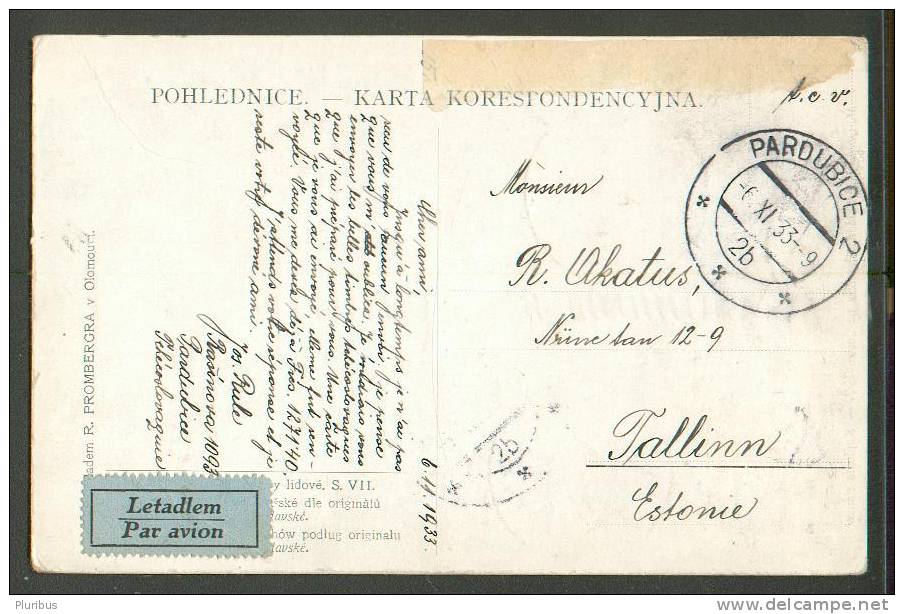 CZECHOSLOVAKIA, AIR MAIL PARDUBICE 2 TO ESTONIA, 1933 POSTCARD - Poste Aérienne