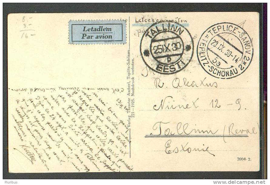 CZECHOSLOVAKIA, AIR MAIL TEPLICE-šANOV, TEPLITZ SCHÖNAU TO ESTONIA, 1930 POSTCARD - Luchtpost