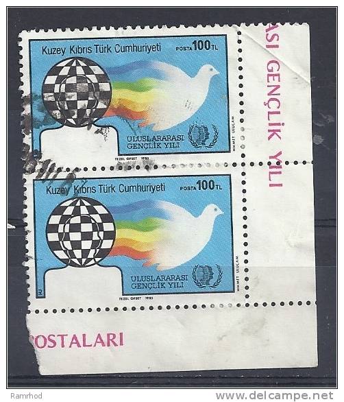 CYPRUS (TURKEY) 1995 International Youth Year - 100l. Dove And Globe FU PAIR - Used Stamps