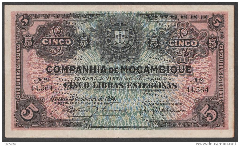 MOZAMBICO (MOZAMBIQUE) - Regional   : 5 Libras  - Cancelado - 1934 - R30 - VF+ - Mozambique