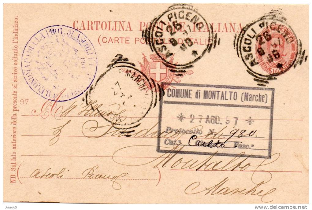 1897   Cartolina  Con Annullo Ascoli Piceno + Montalto Marche - Entero Postal