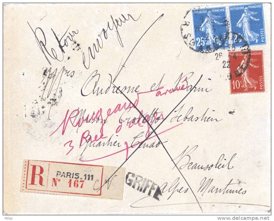 N° 138 Et 140 - Lettre Recommandée - Paris Vers Beausoleil - Avril 1922 - Retour à L'envoyeur - 1921-1960: Période Moderne