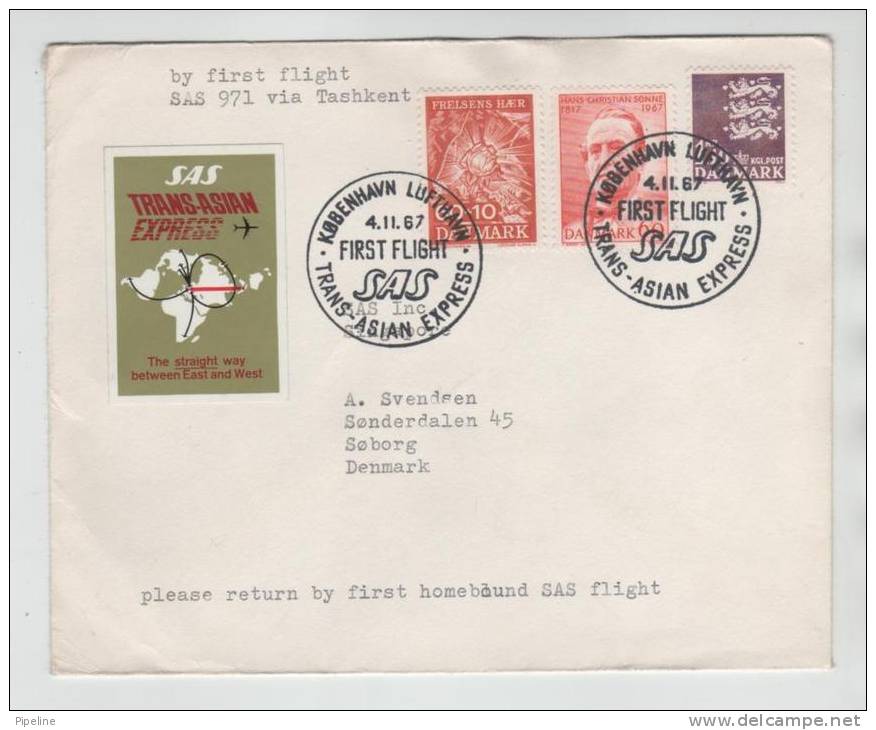 Denmark First SAS Flight TRANS-ASIAN-EXPRESS Via TASHKENT Copenhagen - Singapore 4-11-1967 - Covers & Documents