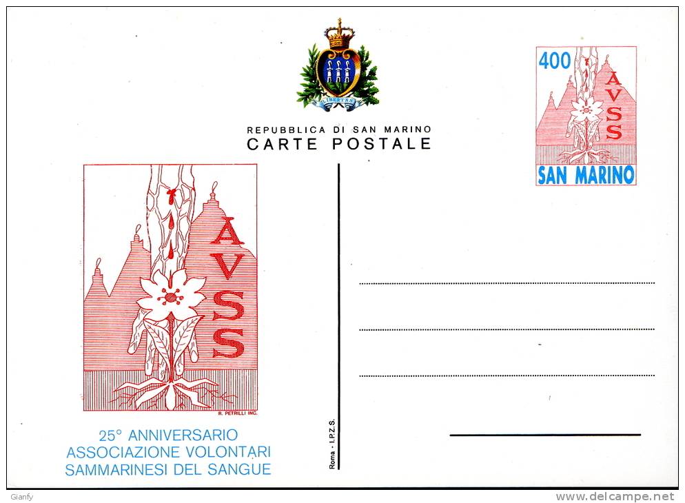 INTERO POSTALE SAN MARINO ANNIVERSARIO AVSS VOLONTARI SANGUE  L 400 1985 - Entiers Postaux
