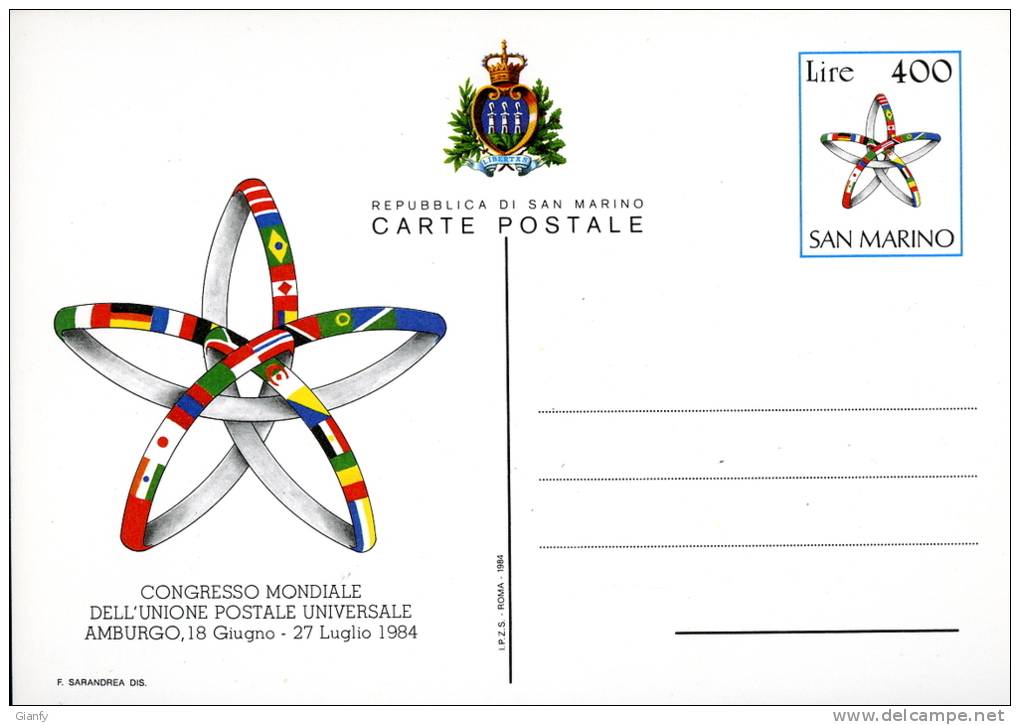 INTERO POSTALE SAN MARINO CONGRESSO UPU AMBURGO L 400 1984 - Entiers Postaux