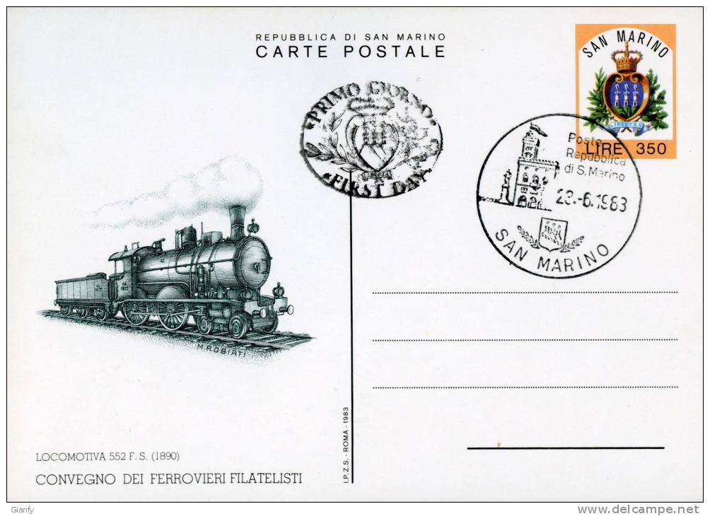 INTERO POSTALE SAN MARINO FERROVIERI 1983 L 350 FDC - Entiers Postaux