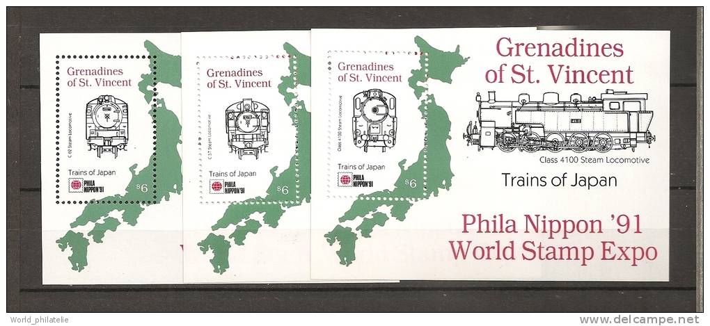 Grenadines Saint Vincent 1991 N° BF 48 / 50 ** Trains, Japon, Locomotives, Carte Du Japon, Exposition Philatelique - St.Vincent E Grenadine