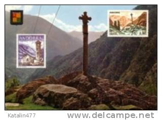 Sp.Andorra,- Stamped Friendship Postcard, With Both Andorra Stamps, 1963.Meritxell Gotic Cross - Covers & Documents