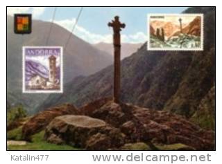 Sp.Andorra,- Stamped Friendship Postcard, With Both Andorra Stamps, 1963.Meritxell Gotic Cross - Lettres & Documents