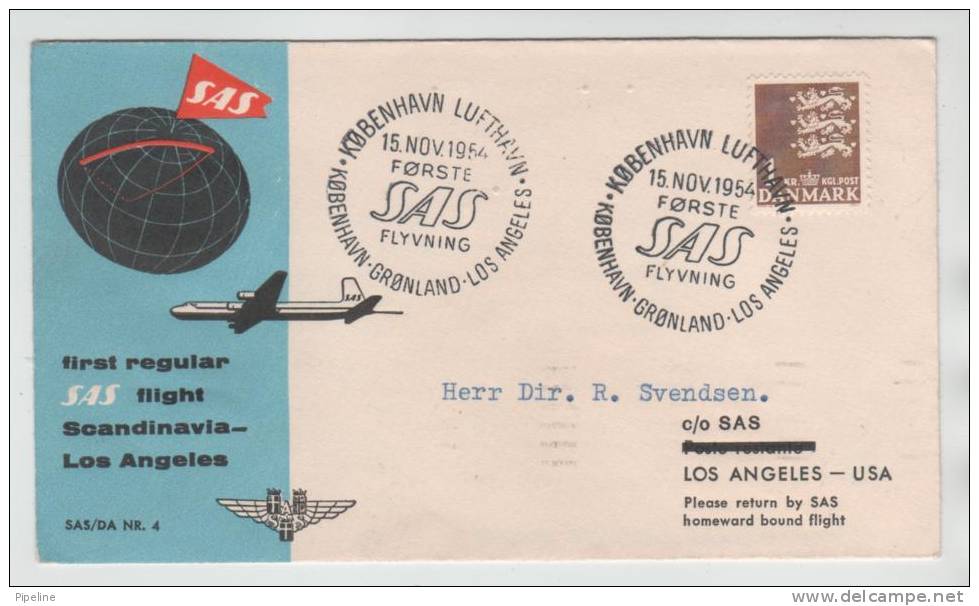 Denmark First SAS Flight Copenhagen - Greenland - Los Angeles 15-11-1954 - Lettres & Documents