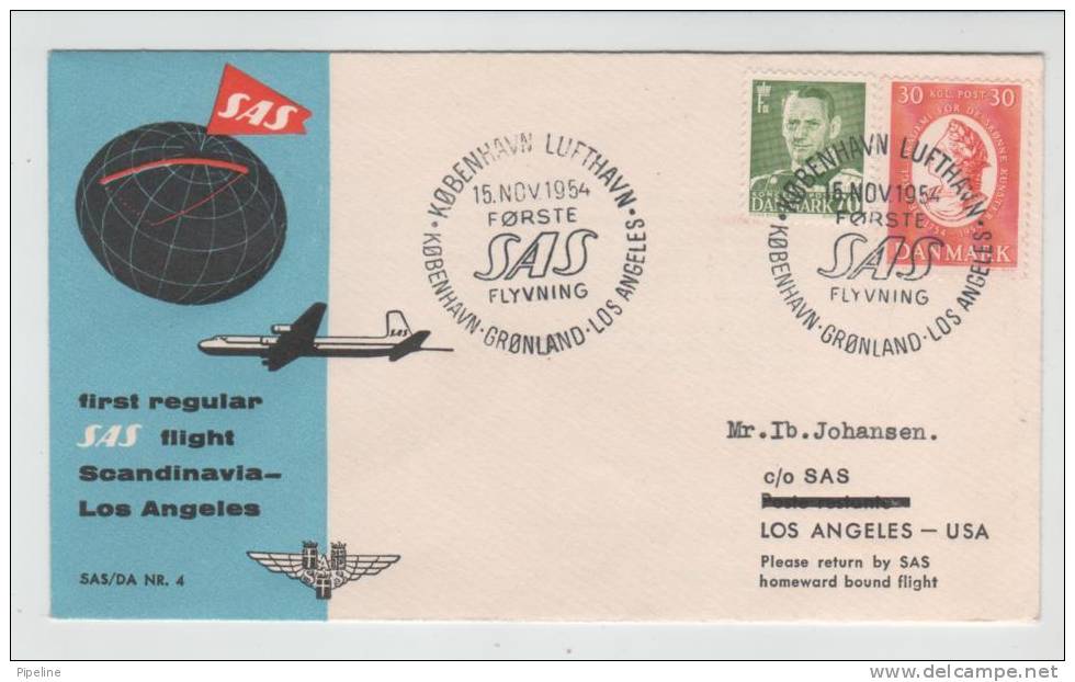 Denmark First SAS Flight Copenhagen - Greenland - Los Angeles 15-11-1954 - Covers & Documents