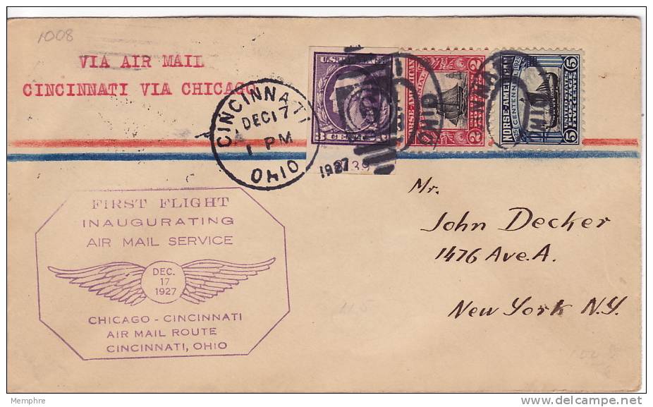 1927  Chicago - Cincinnati First Flight  Sc  620-1 (Norse Issue) + Imperf 3 ¢  Backstamps - 1c. 1918-1940 Covers