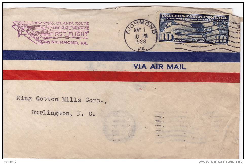 1928  New York - Atlanta Route  Richmond VA To  Burlington NC  Greensboro NC And Burlington Backstamps - 1c. 1918-1940 Covers