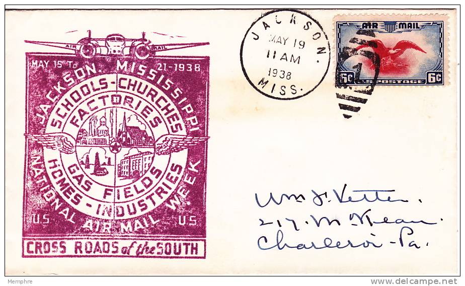 1938 National Air Mail Week  Jackson MS Cover - 1c. 1918-1940 Covers