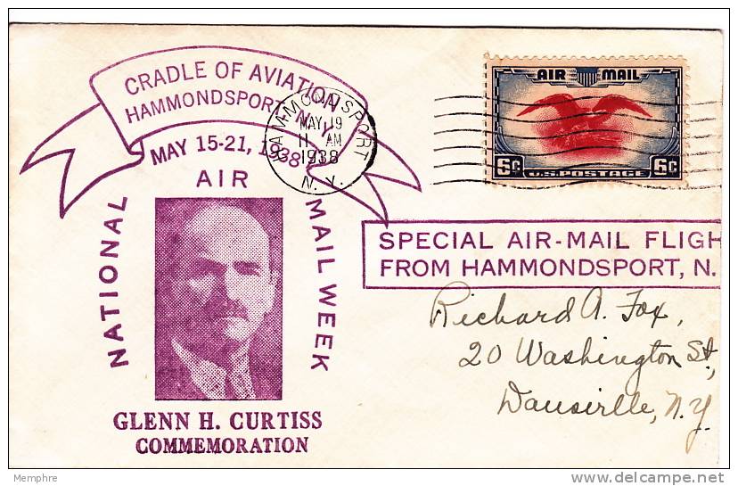 1938 National Air Mail Week  Hammondsport NY  Cover - 1c. 1918-1940 Covers