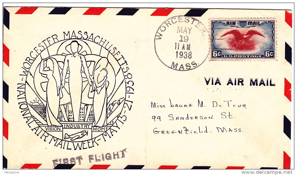 1938 National Air Mail Week  Worcester Mass  Cover - 1c. 1918-1940 Covers