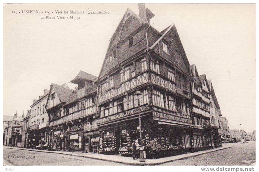 Lisieux - Grande Rue Et Place Victor Hugo, Shops On Street Corner, Early Postcard - Basse-Normandie