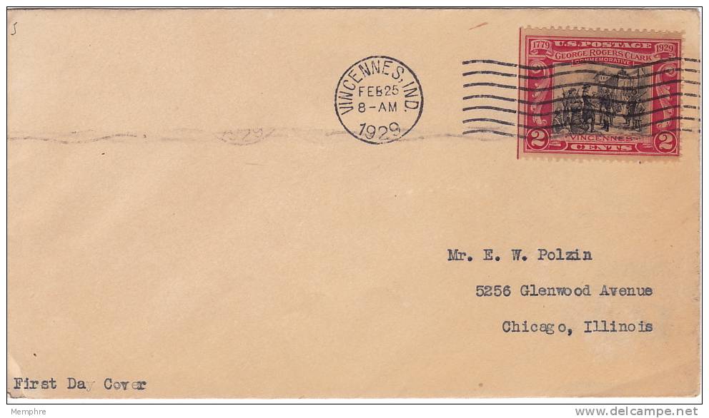 1929  George Rogers Clark  Vincennes IN Cancel  Sc 651 On Plain Cover - 1851-1940