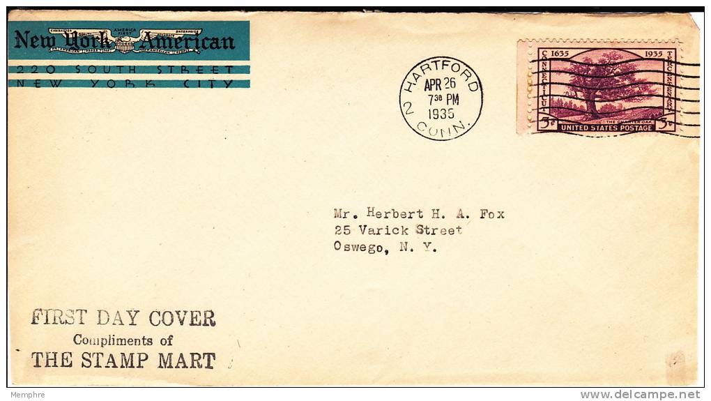 1935 Connectict Centennial  Sc 772 New York Éamerican Corner Card / Stamp Mart Cachet - Frront Only - 1851-1940