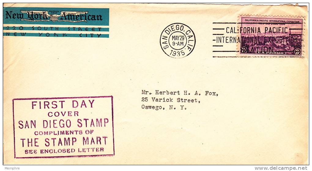 1935 California Pacific Ex  Sc 773 New York American Corner Card / Stamp Mart Cachet - Frront Only - 1851-1940