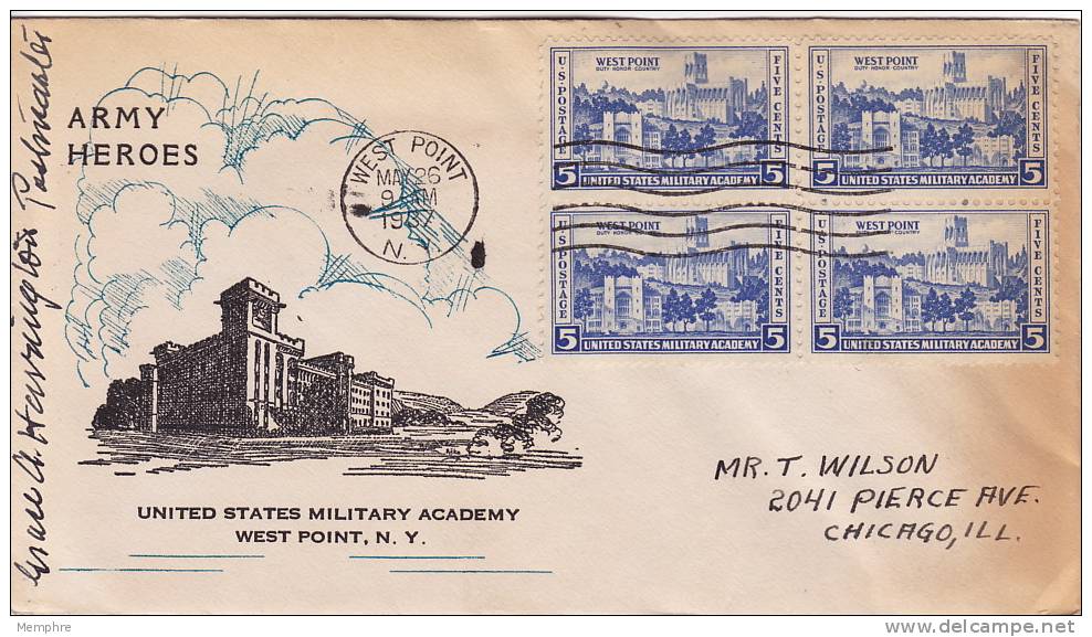 1936  Army Heroes / West Point Military Academy  5&cent; Sc 789 Block Of 4   Bronesky Cachet  Postmaster's Signature - 1851-1940