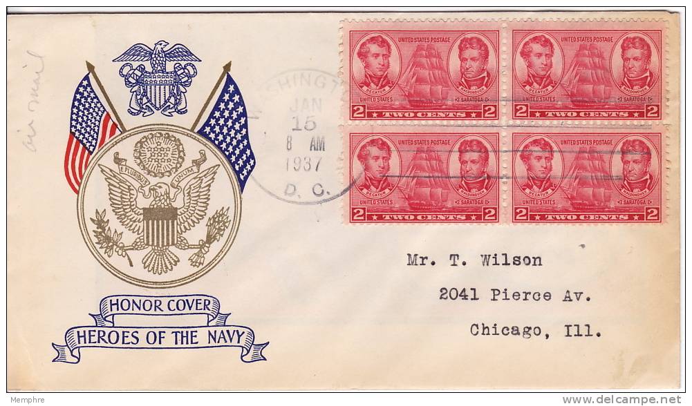 1936  Navy Heroes  2&cent;  Sc 791 Block Of 4 - Cachet - 1851-1940