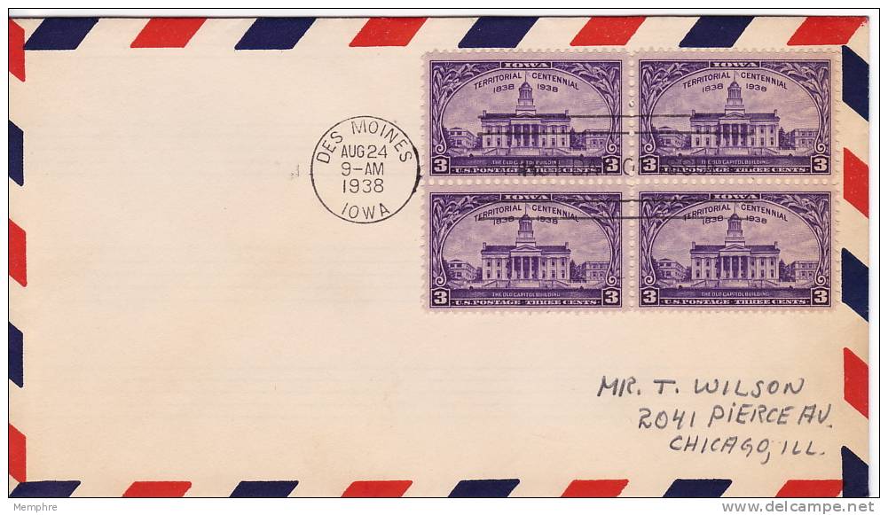 1938  Iowa Territory  Centennial   Sc 838 Block Of 4 - 1851-1940