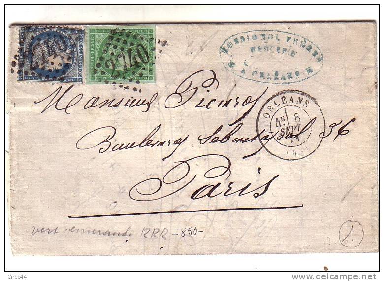 LETTRE EXCEPTIONNELLE.AFFRANCHISSEMENT MIXTE.SEPTEMBRE 1871.CERES BORDEAUX VERT EMERAUDE ET N°60.CACHET ORLEANS. - 1849-1876: Période Classique