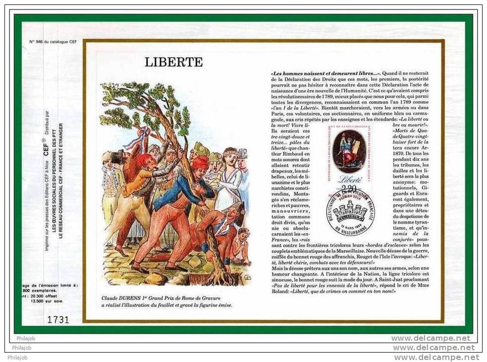 1989 CEF 1° Jour N° 946 " LIBERTE " Avec Le N° YT 2573 + Prix Dégressif. - French Revolution