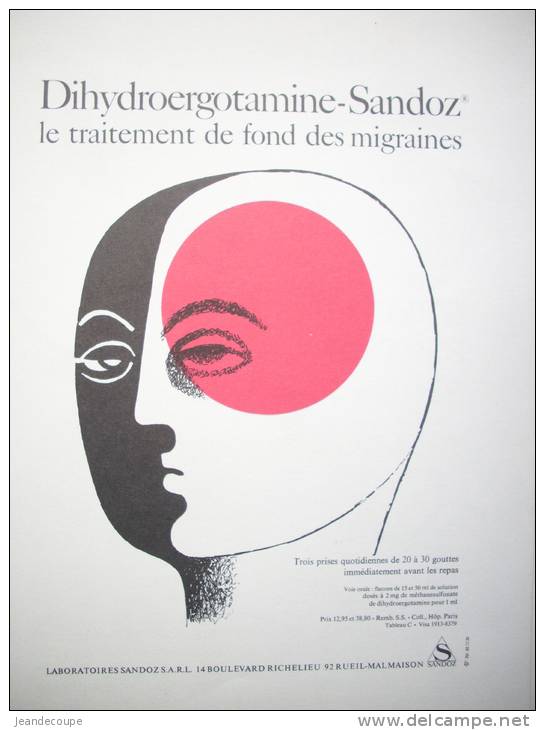 PUB-PUBLICITE- Médicaments - Laboratoire Sandoz - 1970 - Migraine - - Reclame