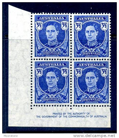 Australia GVI 1942 3½d Blue Definitive Imprint Block Of 4, Hinged Mint (at Top) (A) - Mint Stamps