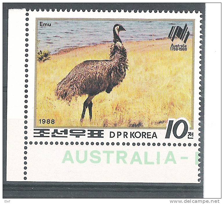 DPR KOREA / Corée; Emu / Emeu ; 1988; Australia Bicentenary, Neuf ** ; Bord De Feuille , TTB ! - Straussen- Und Laufvögel