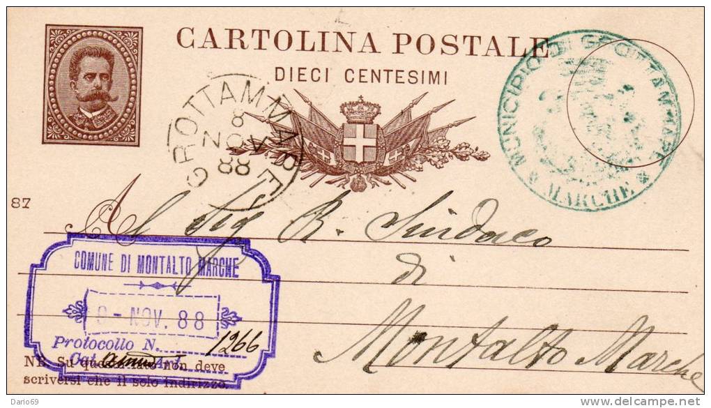 Storia Postale 1888  Cartolina   Con Annullo   Grottammare - Entero Postal