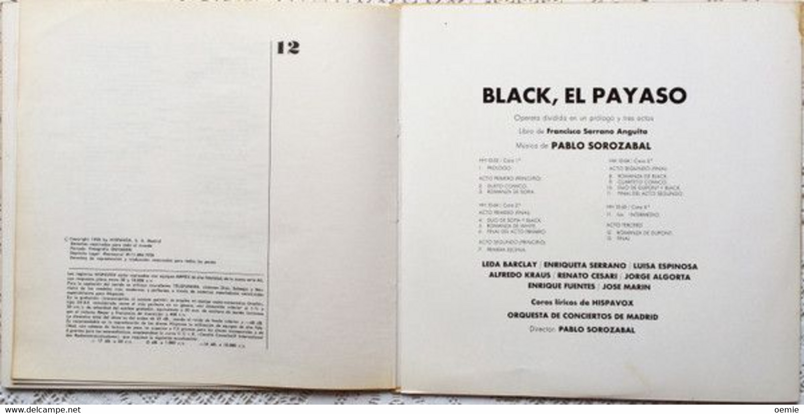 PABLO SOROZABAL °  BLACK EL PAYASO  ° DOUBLE ALBUM  ORIGINALE 1958 - Autres - Musique Espagnole