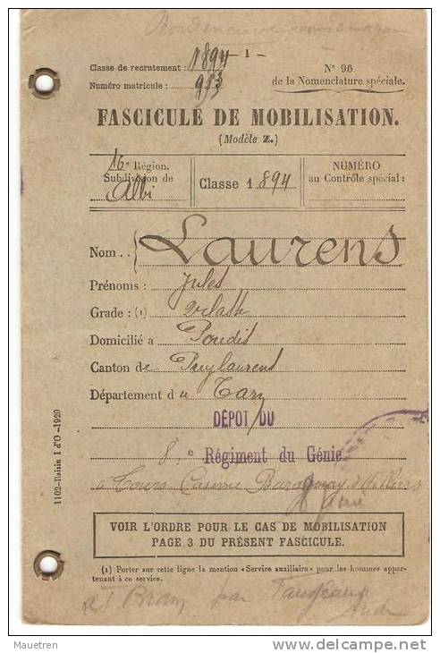 FASCICULE DE MOBILISATION CLASSE 1894 - Documents