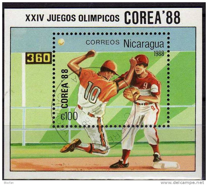 Olympiade Seoul 1988 Baseball Nicaragua Block 177 O 3€ Baseball-Spiel Sport Bloc Summer Olympic Sheet Of America - Nicaragua