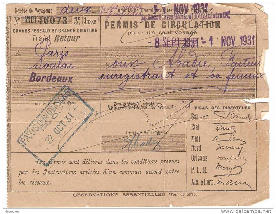 PERMIS DE CIRCULATION POUR UN SEUL VOYAGE 1 NOV 1931 - Autres & Non Classés