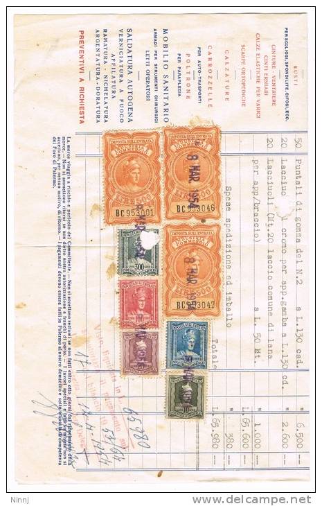 Italia Fiscali Su Fattura Di £.65.980 Con Tassa £. 1.980 Imposta Sull´Entrata 8 Marzo 1954 Industria E Commercio - Revenue Stamps