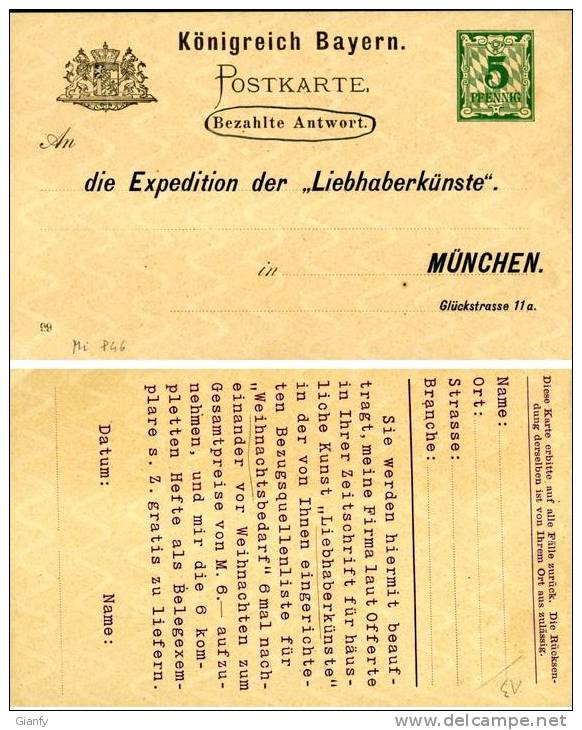 INTERO  5 PF BAYERN GERMANIA ANTWORT 1895 MICHEL P46 - Postal  Stationery