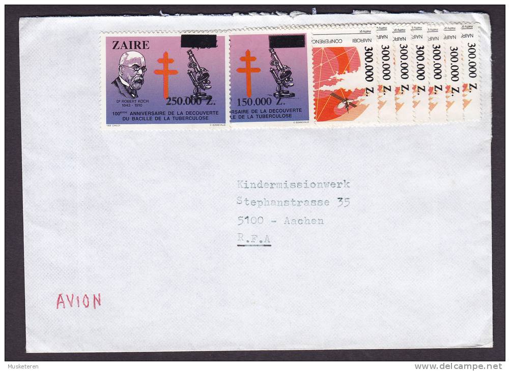 Zaire Mult Franked Airmail Avion 1992? Cover To France Robert Kock & Nairobi Conference Overprinted - Other & Unclassified