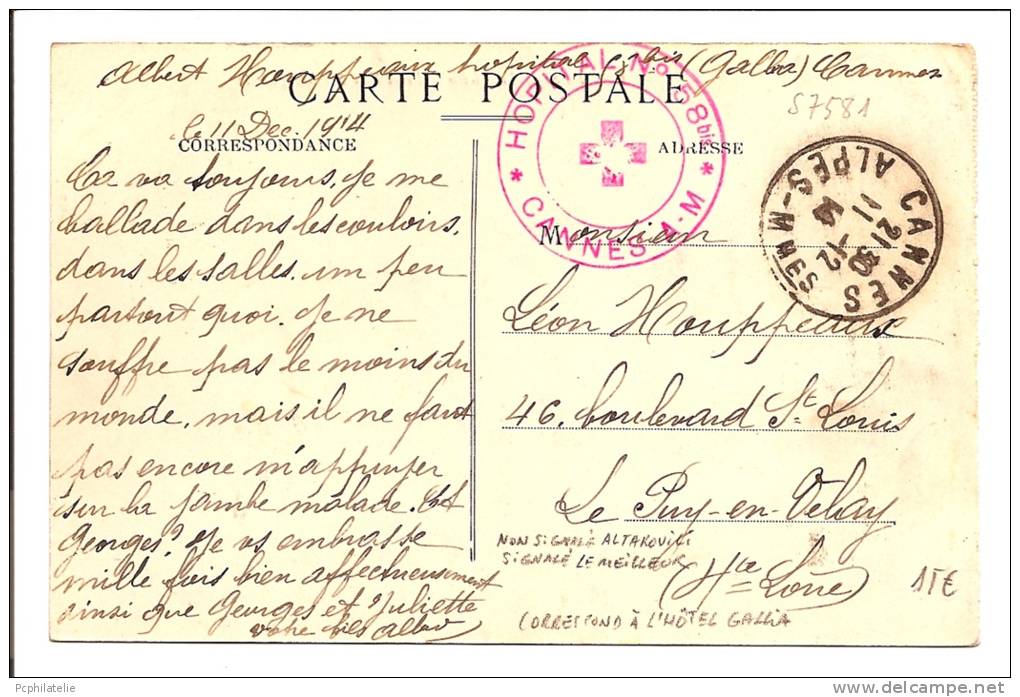 CARTE EN FM TÀD CANNES 1914 ET CACHET DE L'HOPITAL N° 58bis À L'HÔTEL GALLIA - Red Cross