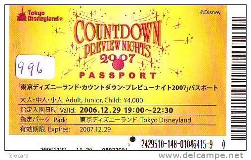 Disney Passeport Entreecard JAPON * TOKYO DISNEYLAND *  Passport (996) JAPAN * COUNTDOWN PREVIEW NIGHTS - Disney