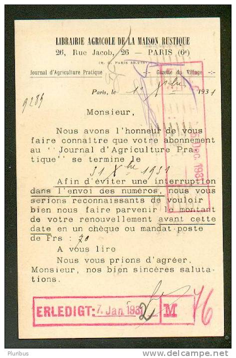 1931 FRANCE POSTCARD LIBRAIRIE AGRICOLE DE LA MAISON RUSTIQUE, PARIS 115 - Other & Unclassified