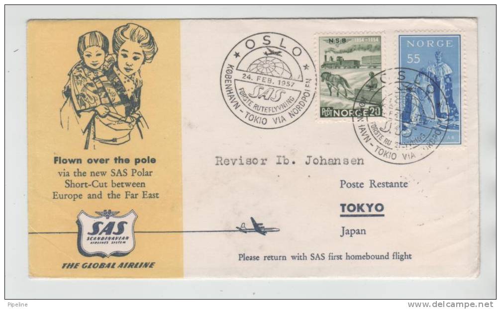 Norway First SAS Regular Flight Copenhagen - Tokyo Via The North Pole 24-2-1957 - Covers & Documents