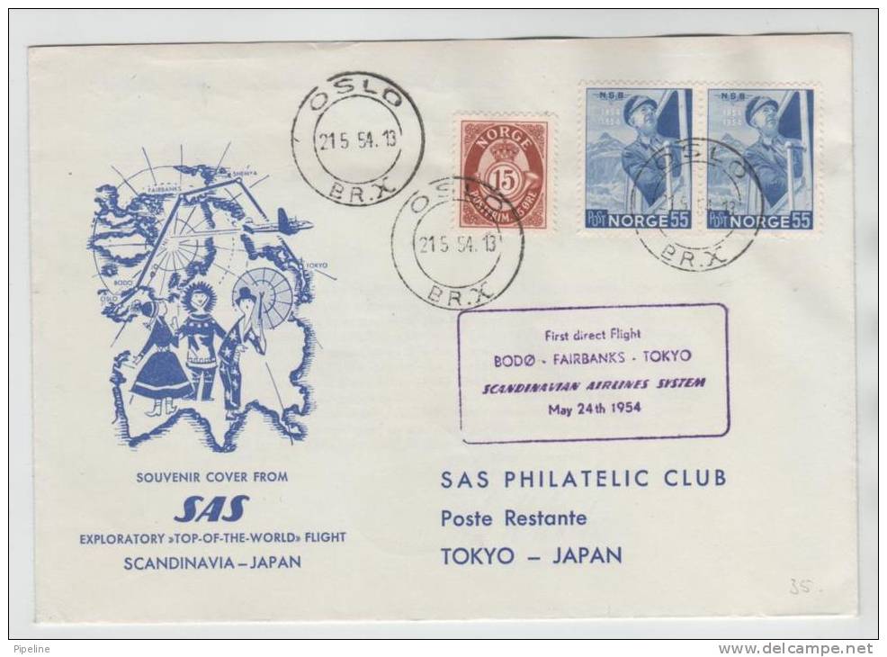 Norway First SAS Flight Oslo - Bodö - Fairbanks - Tokyo 24-5-1954 - Covers & Documents