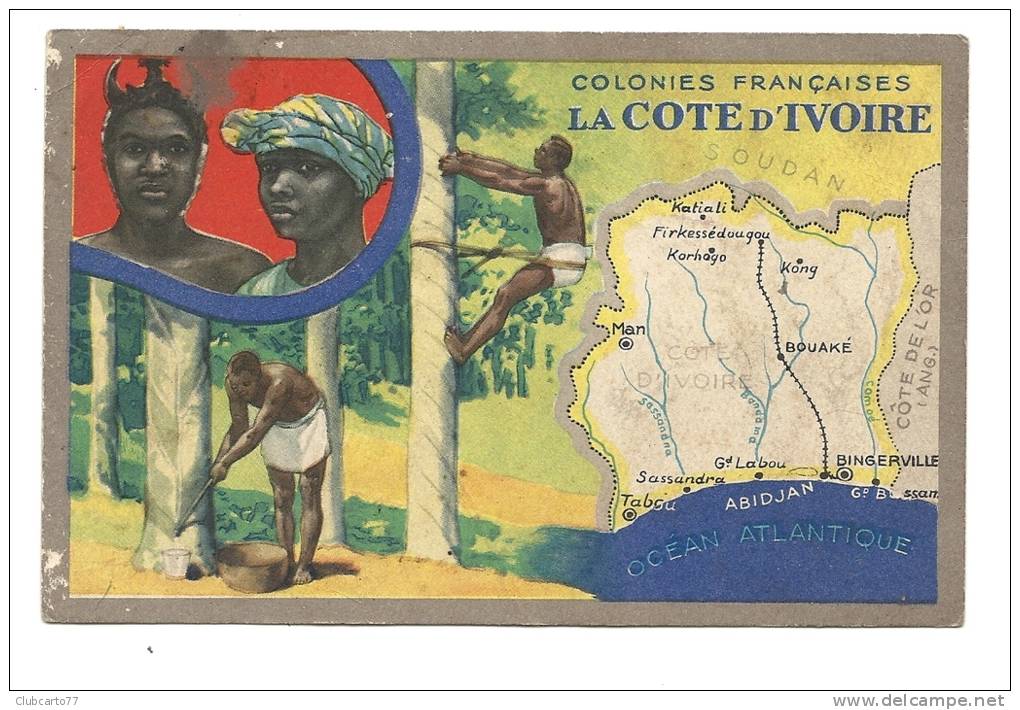 Côte D'Ivoire : 3 Vues Dont Carte Géographique Du Lion Noir Et Culture De L'Hévéa En 1930 (animée). - Côte-d'Ivoire